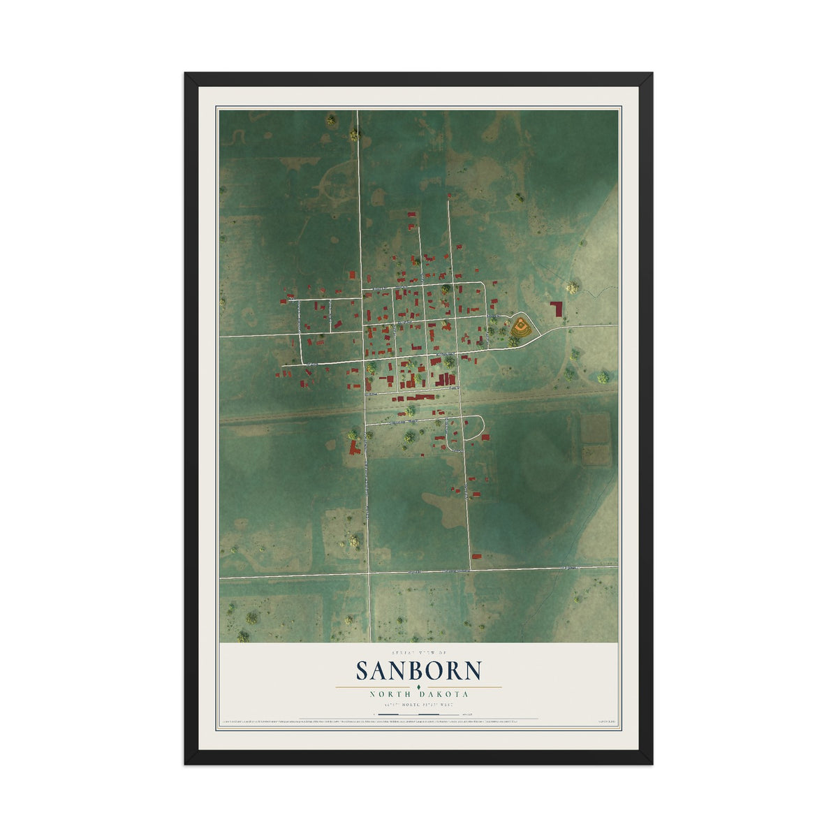 Map of Sanborn, North Dakota, 12 x 18 inch print in a black wood frame