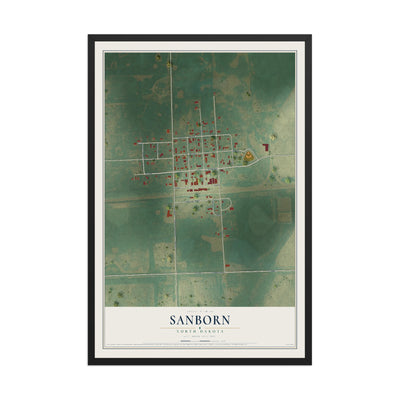 Map of Sanborn, North Dakota, 12 x 18 inch print in a black wood frame