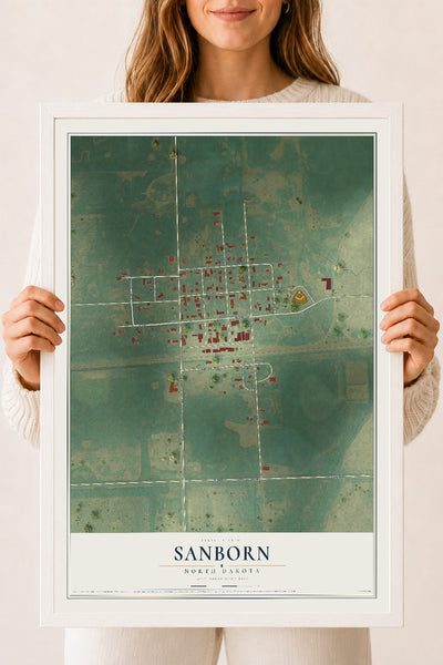 Map of Sanborn, North Dakota, 18 x 24 inch print in a white wood frame