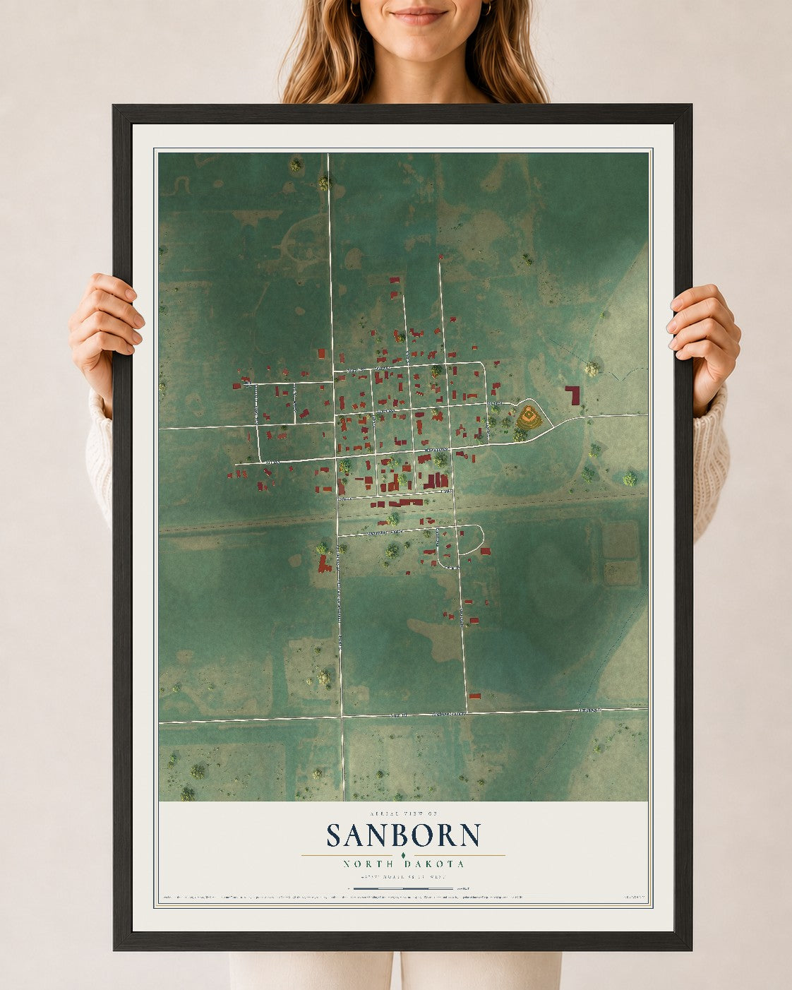 Map of Sanborn, North Dakota, 24 x 36 inch print in a black wood frame