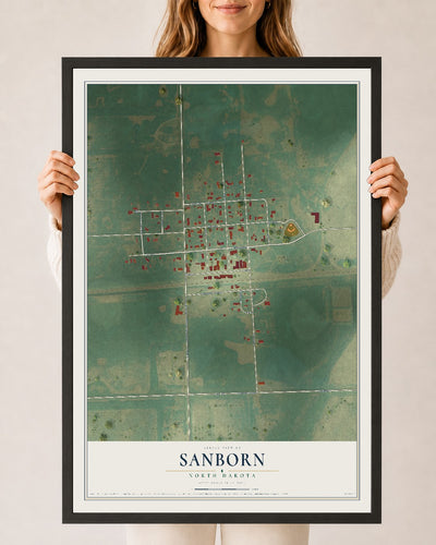 Map of Sanborn, North Dakota, 24 x 36 inch print in a black wood frame