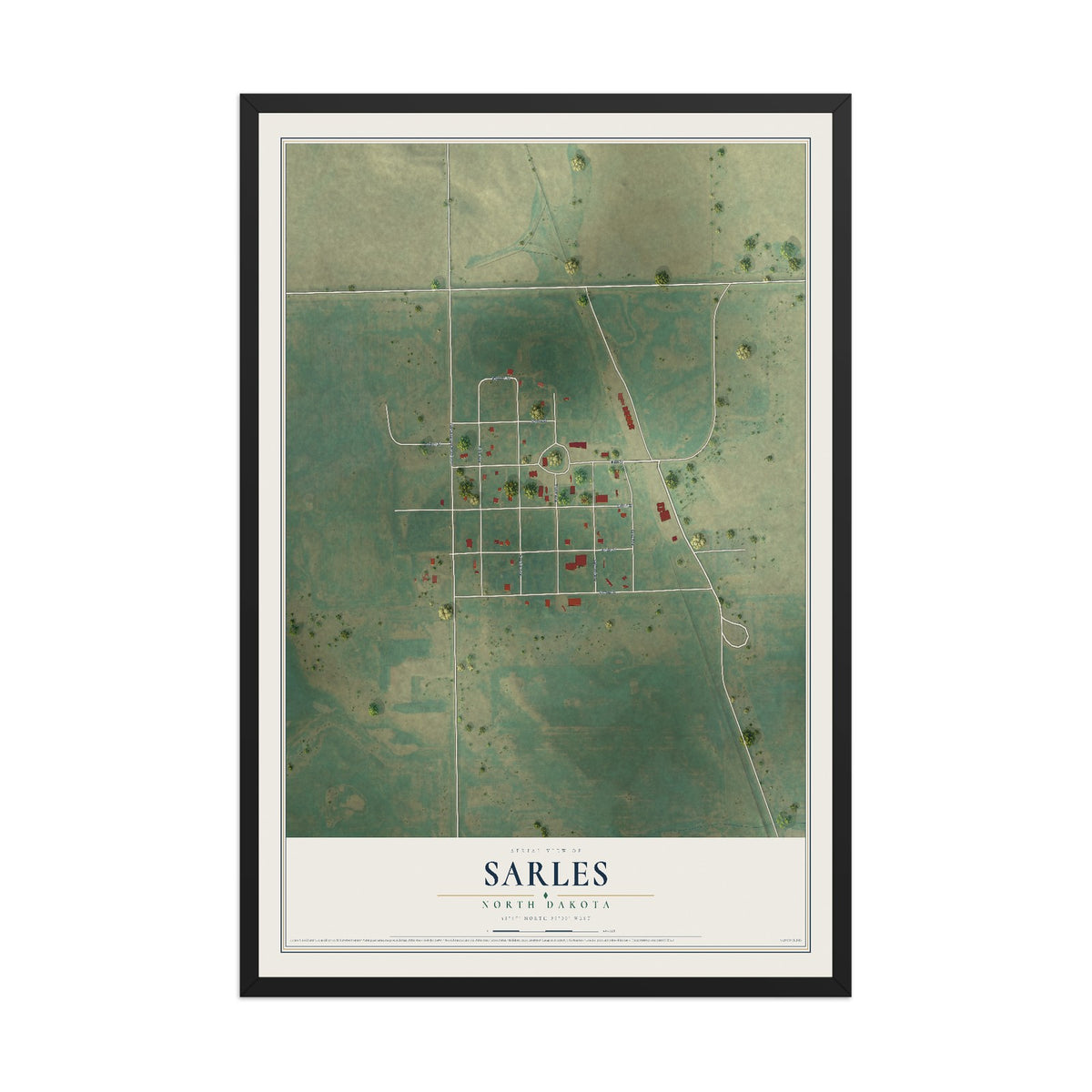 Map of Sarles, North Dakota, 12 x 18 inch print in a black wood frame