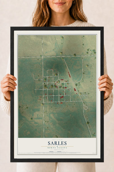 Map of Sarles, North Dakota, 18 x 24 inch print in a black wood frame
