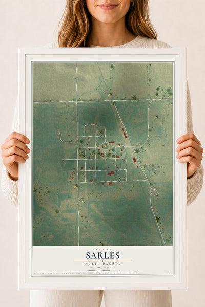 Map of Sarles, North Dakota, 18 x 24 inch print in a white wood frame