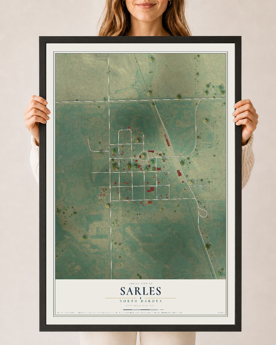 Map of Sarles, North Dakota, 24 x 36 inch print in a black wood frame