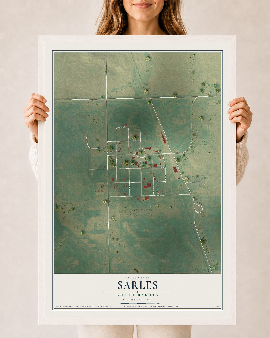 Map of Sarles, North Dakota, 24 x 36 inch print in a white wood frame