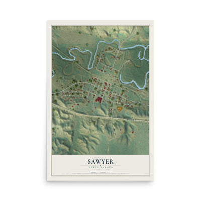 Map of Sawyer, North Dakota, 12 x 18 inch unframed archival matte print