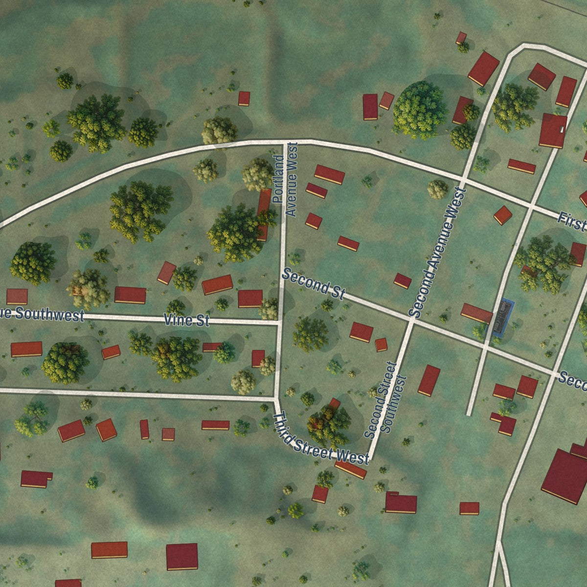 Second close-up of the map of Sawyer, North Dakota print showing more streets and buildings