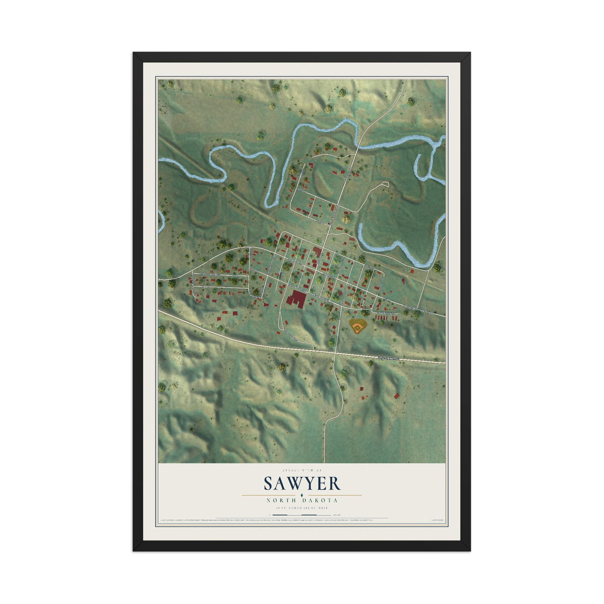Map of Sawyer, North Dakota, 12 x 18 inch print in a black wood frame