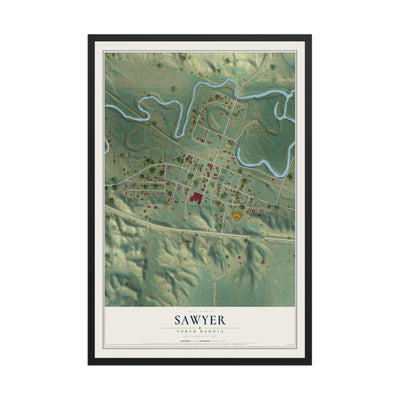 Map of Sawyer, North Dakota, 12 x 18 inch print in a black wood frame