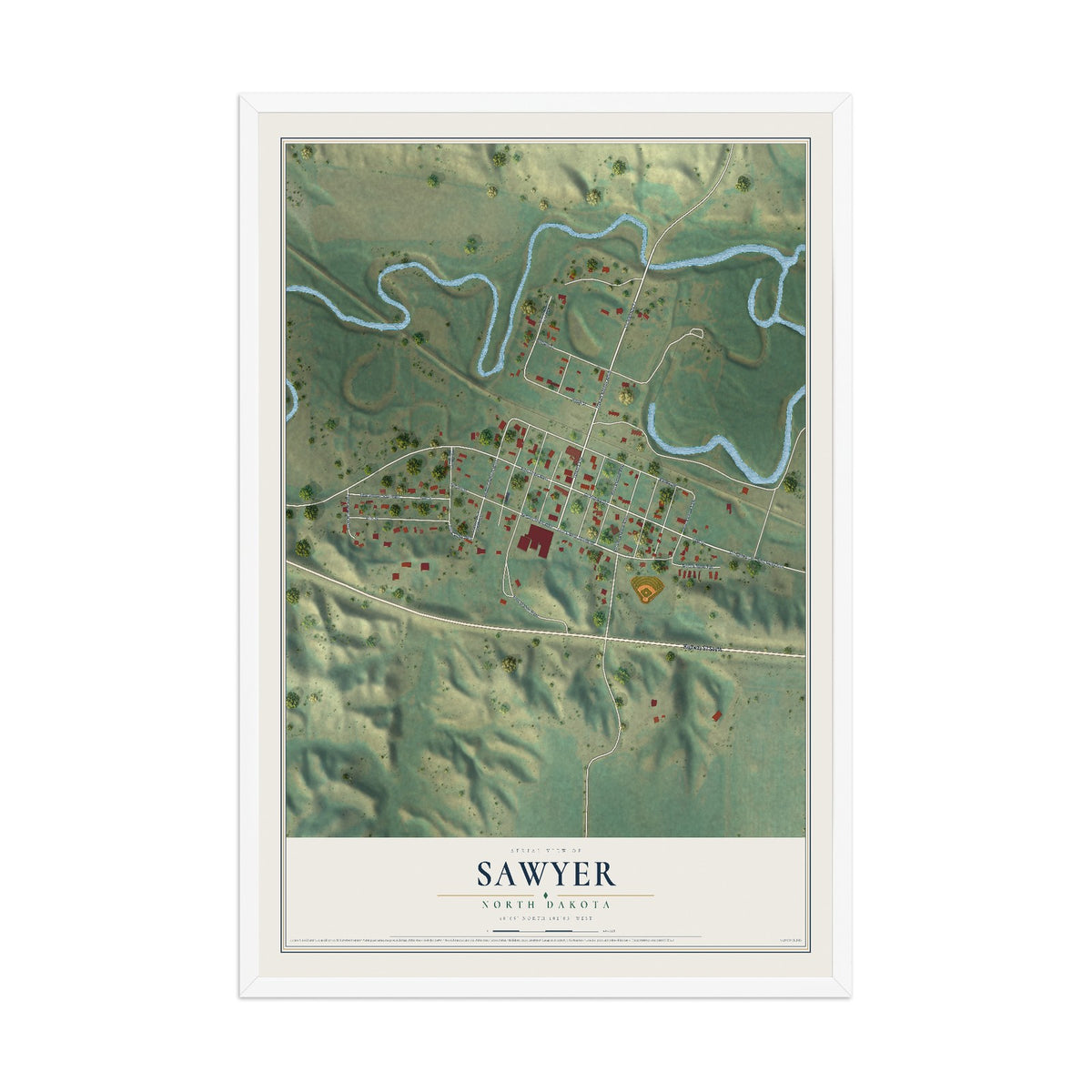 Map of Sawyer, North Dakota, 12 x 18 inch print in a white wood frame