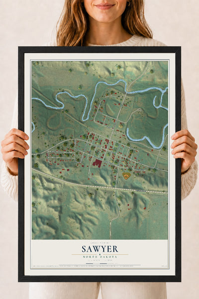 Map of Sawyer, North Dakota, 18 x 24 inch print in a black wood frame