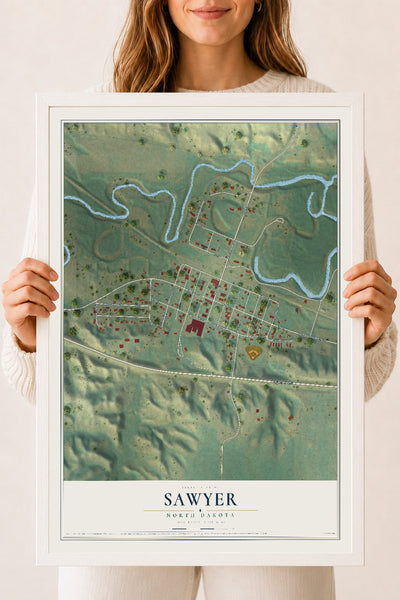 Map of Sawyer, North Dakota, 18 x 24 inch print in a white wood frame