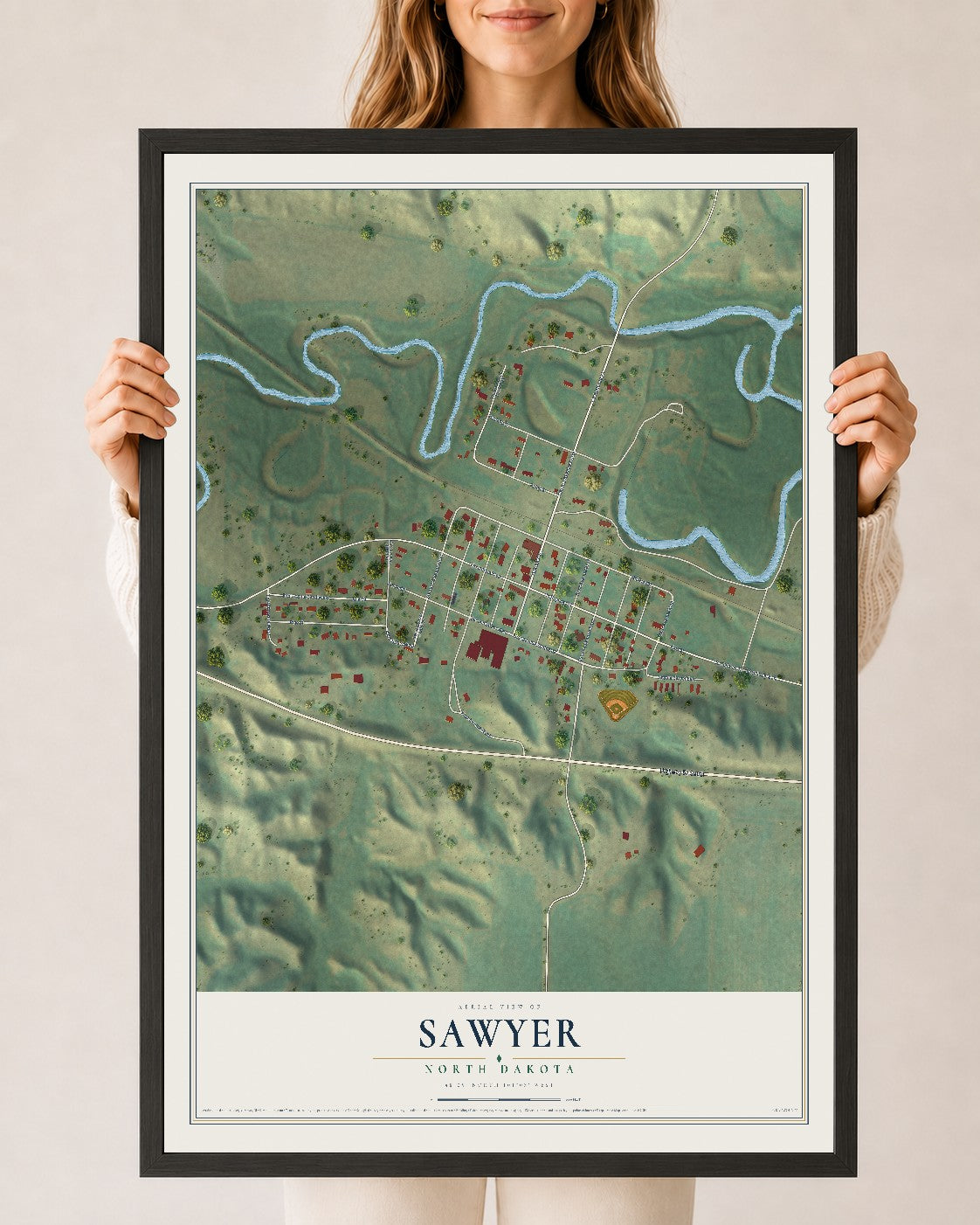 Map of Sawyer, North Dakota, 24 x 36 inch print in a black wood frame
