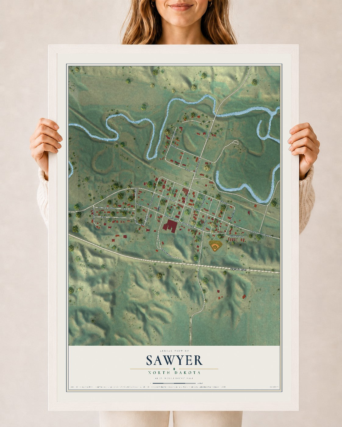 Map of Sawyer, North Dakota, 24 x 36 inch print in a white wood frame