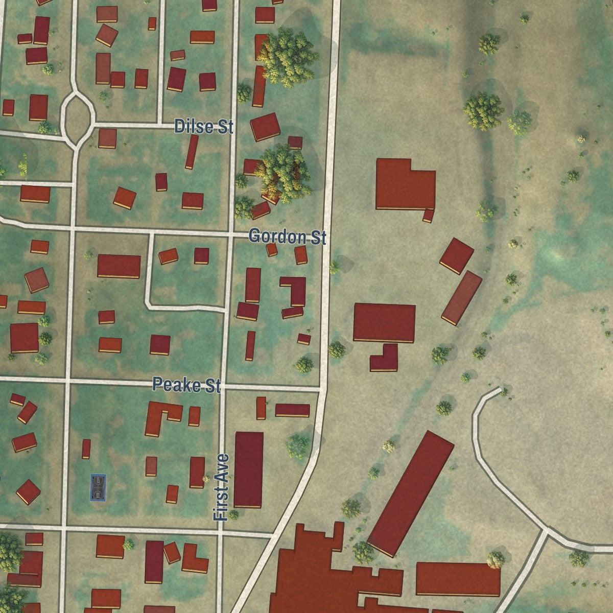 Close-up of the map of Scranton, North Dakota print showing street and building detail