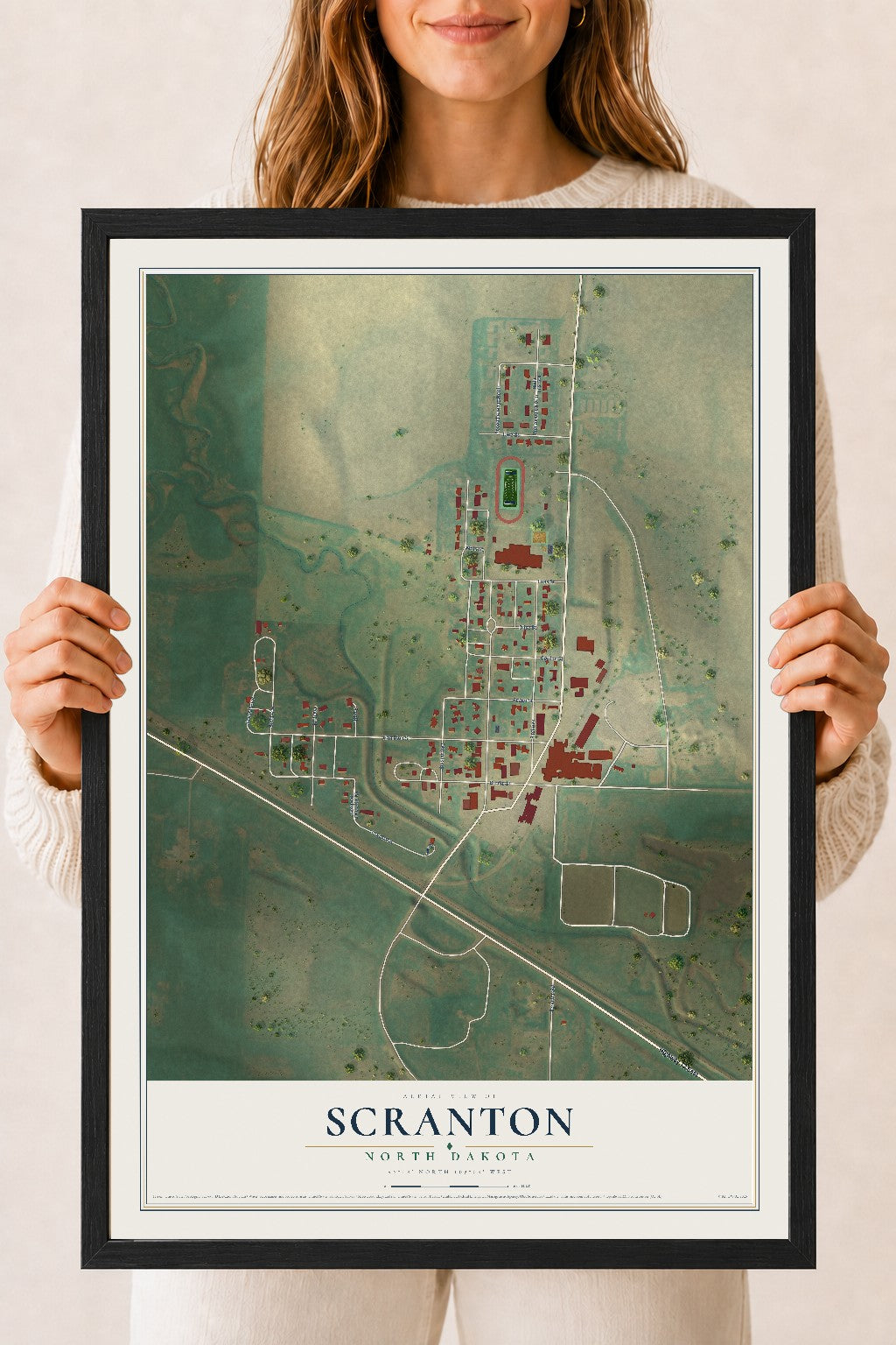 Map of Scranton, North Dakota, 18 x 24 inch print in a black wood frame