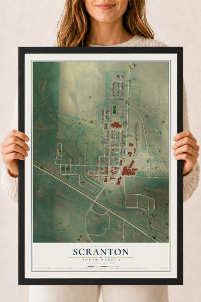Map of Scranton, North Dakota, 18 x 24 inch print in a black wood frame