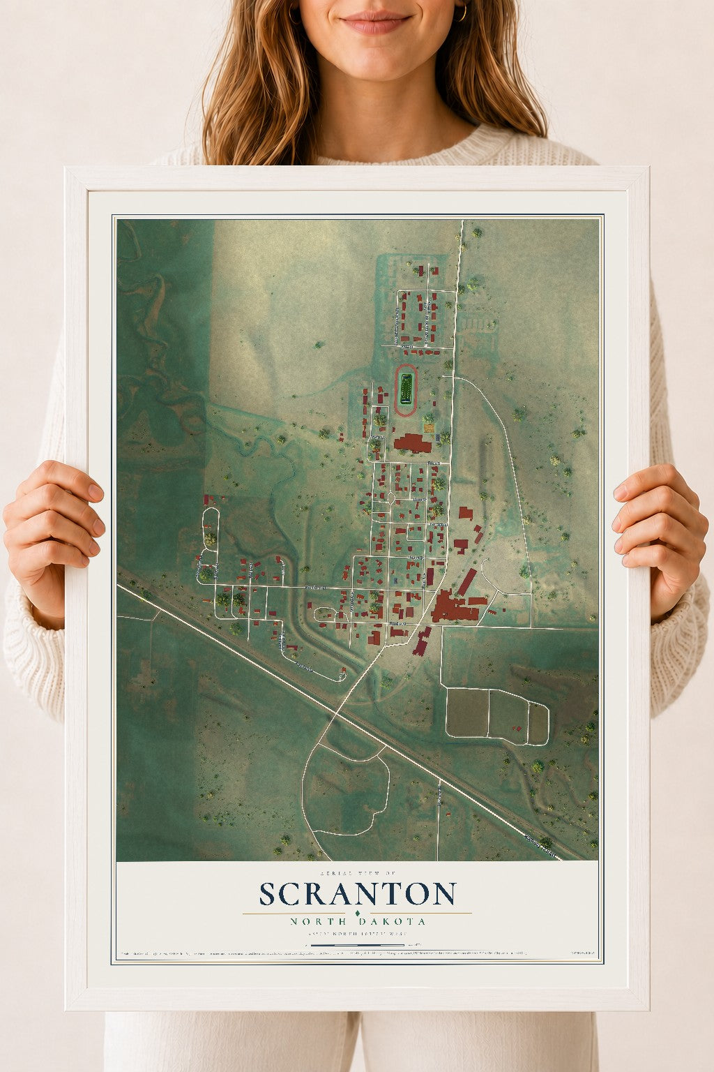 Map of Scranton, North Dakota, 18 x 24 inch print in a white wood frame