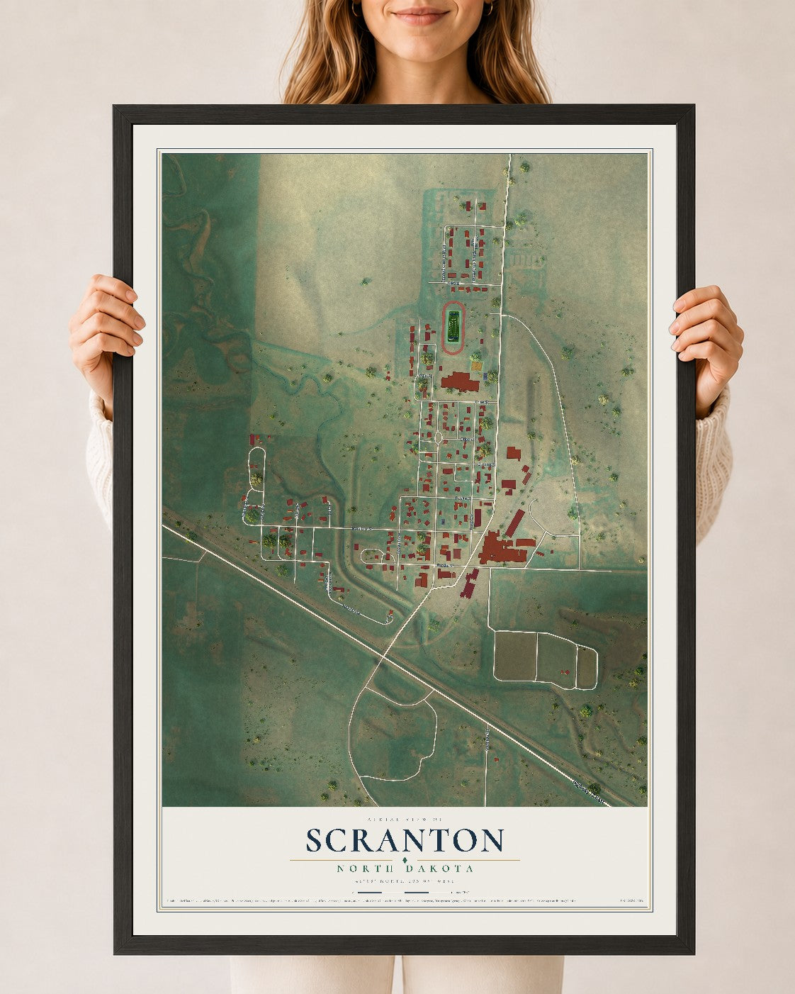 Map of Scranton, North Dakota, 24 x 36 inch print in a black wood frame