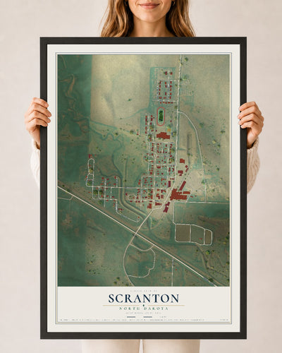 Map of Scranton, North Dakota, 24 x 36 inch print in a black wood frame