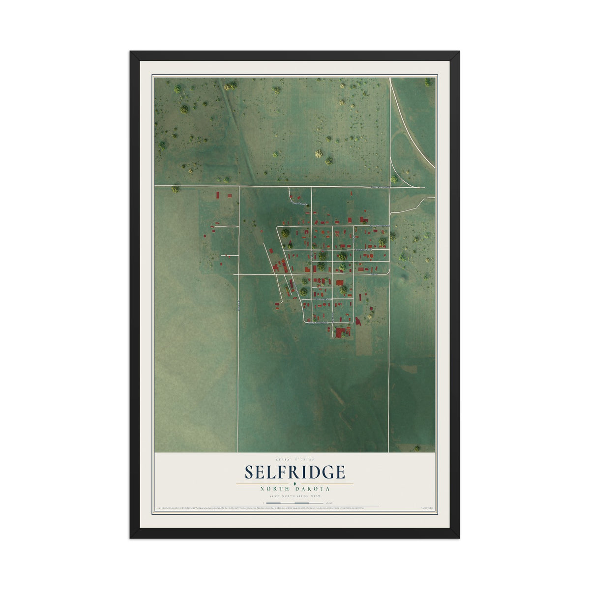 Map of Selfridge, North Dakota, 12 x 18 inch print in a black wood frame