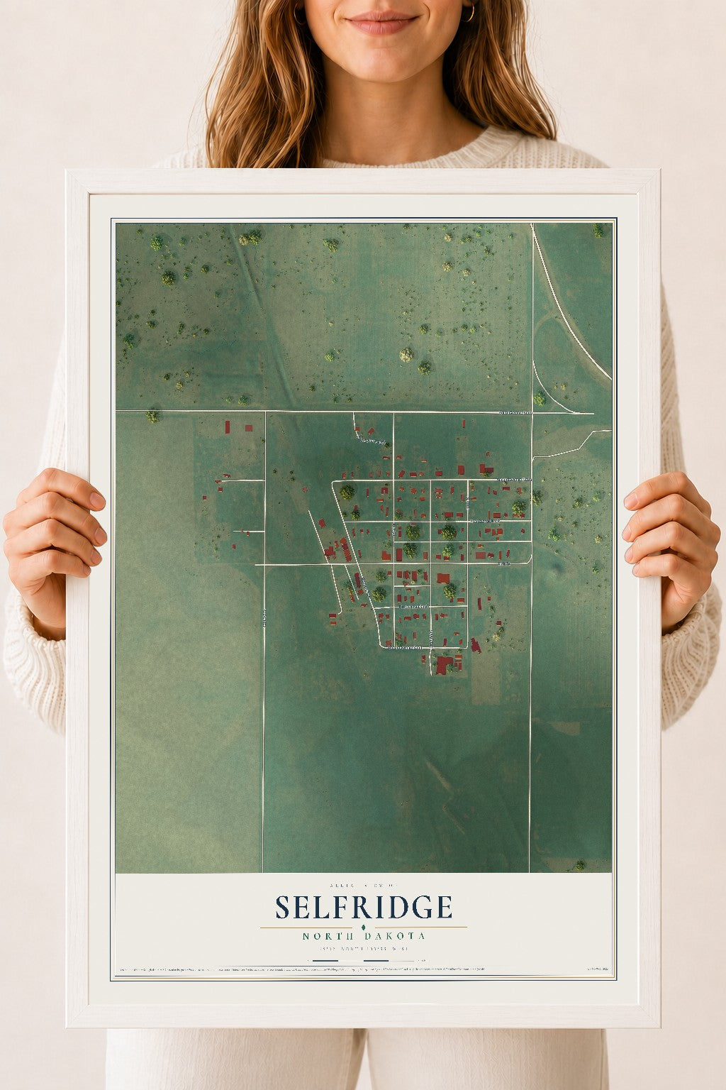 Map of Selfridge, North Dakota, 18 x 24 inch print in a white wood frame