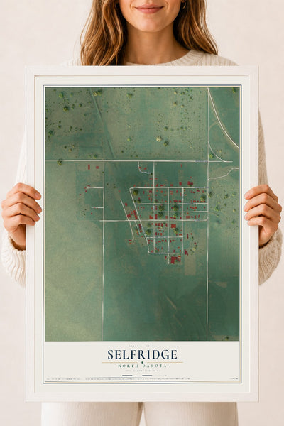 Map of Selfridge, North Dakota, 18 x 24 inch print in a white wood frame