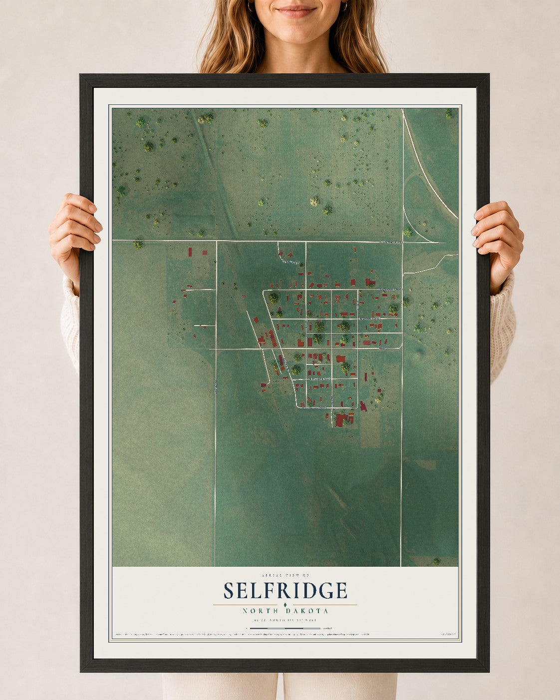 Map of Selfridge, North Dakota, 24 x 36 inch print in a black wood frame