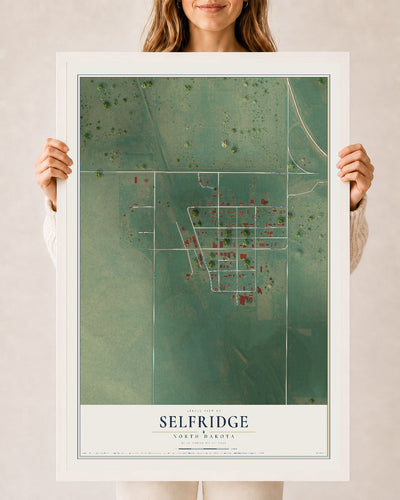 Map of Selfridge, North Dakota, 24 x 36 inch print in a white wood frame