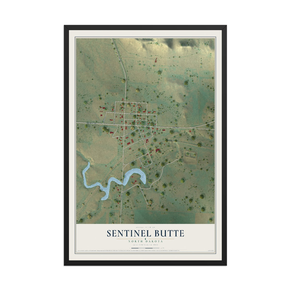 Map of Sentinel Butte, North Dakota, 12 x 18 inch print in a black wood frame