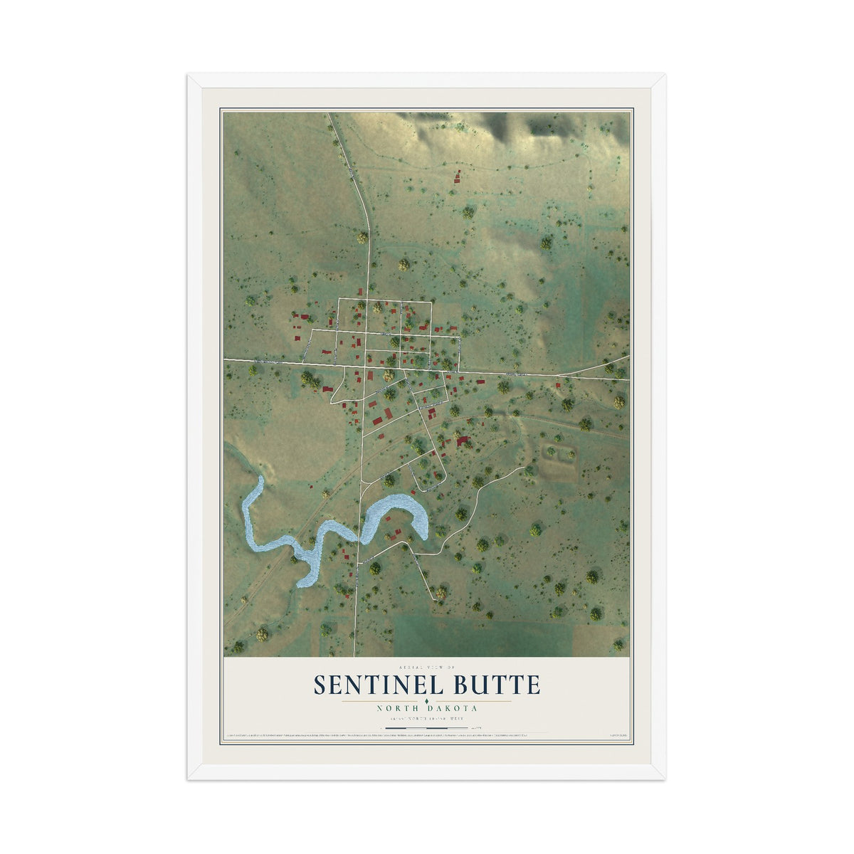 Map of Sentinel Butte, North Dakota, 12 x 18 inch print in a white wood frame