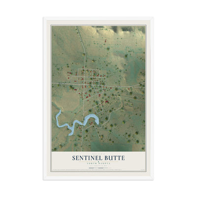 Map of Sentinel Butte, North Dakota, 12 x 18 inch print in a white wood frame