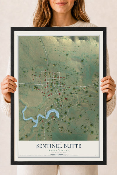 Map of Sentinel Butte, North Dakota, 18 x 24 inch print in a black wood frame