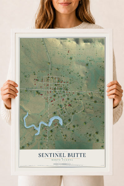 Map of Sentinel Butte, North Dakota, 18 x 24 inch print in a white wood frame