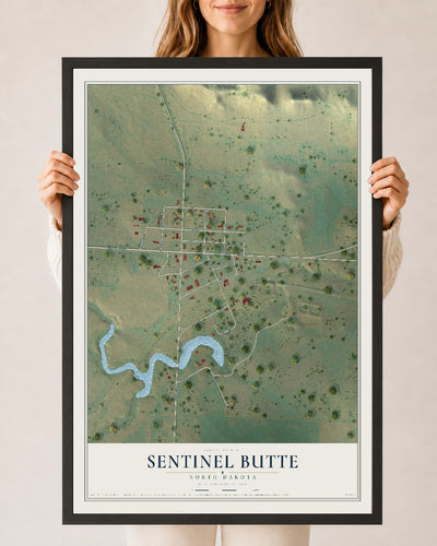 Map of Sentinel Butte, North Dakota, 24 x 36 inch print in a black wood frame