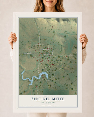 Map of Sentinel Butte, North Dakota, 24 x 36 inch print in a white wood frame