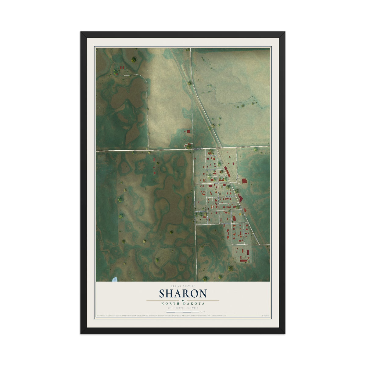 Map of Sharon, North Dakota, 12 x 18 inch print in a black wood frame
