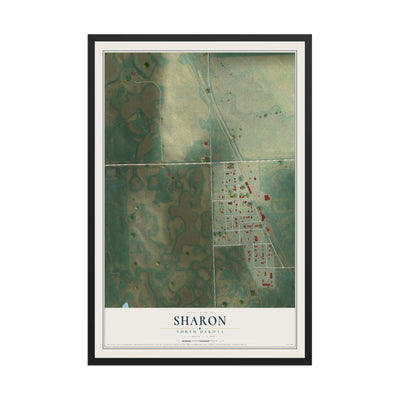 Map of Sharon, North Dakota, 12 x 18 inch print in a black wood frame