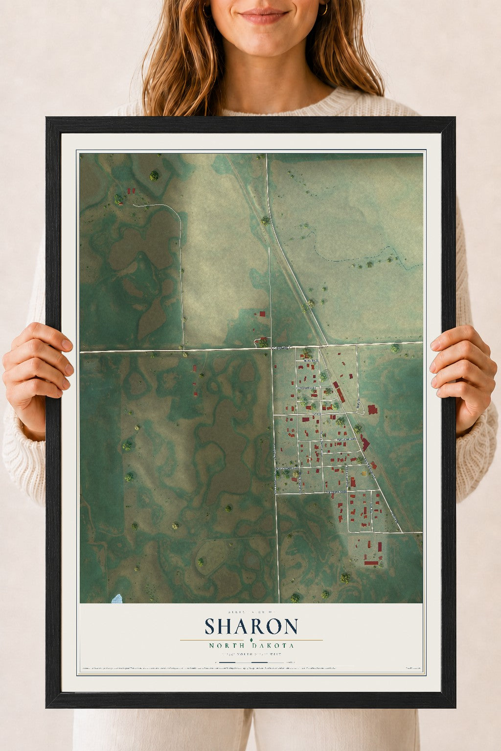 Map of Sharon, North Dakota, 18 x 24 inch print in a black wood frame