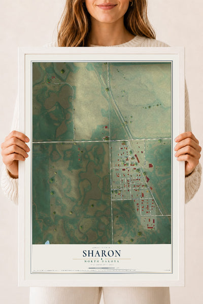 Map of Sharon, North Dakota, 18 x 24 inch print in a white wood frame