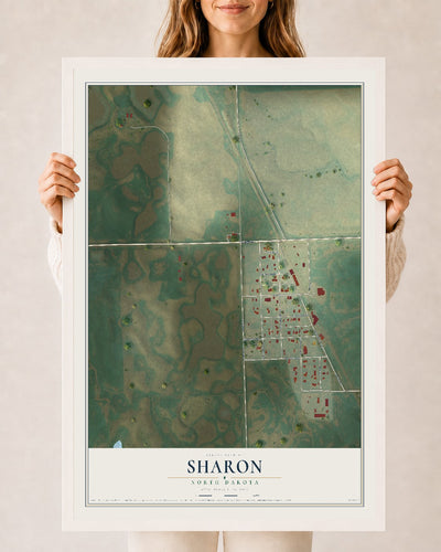 Map of Sharon, North Dakota, 24 x 36 inch print in a white wood frame