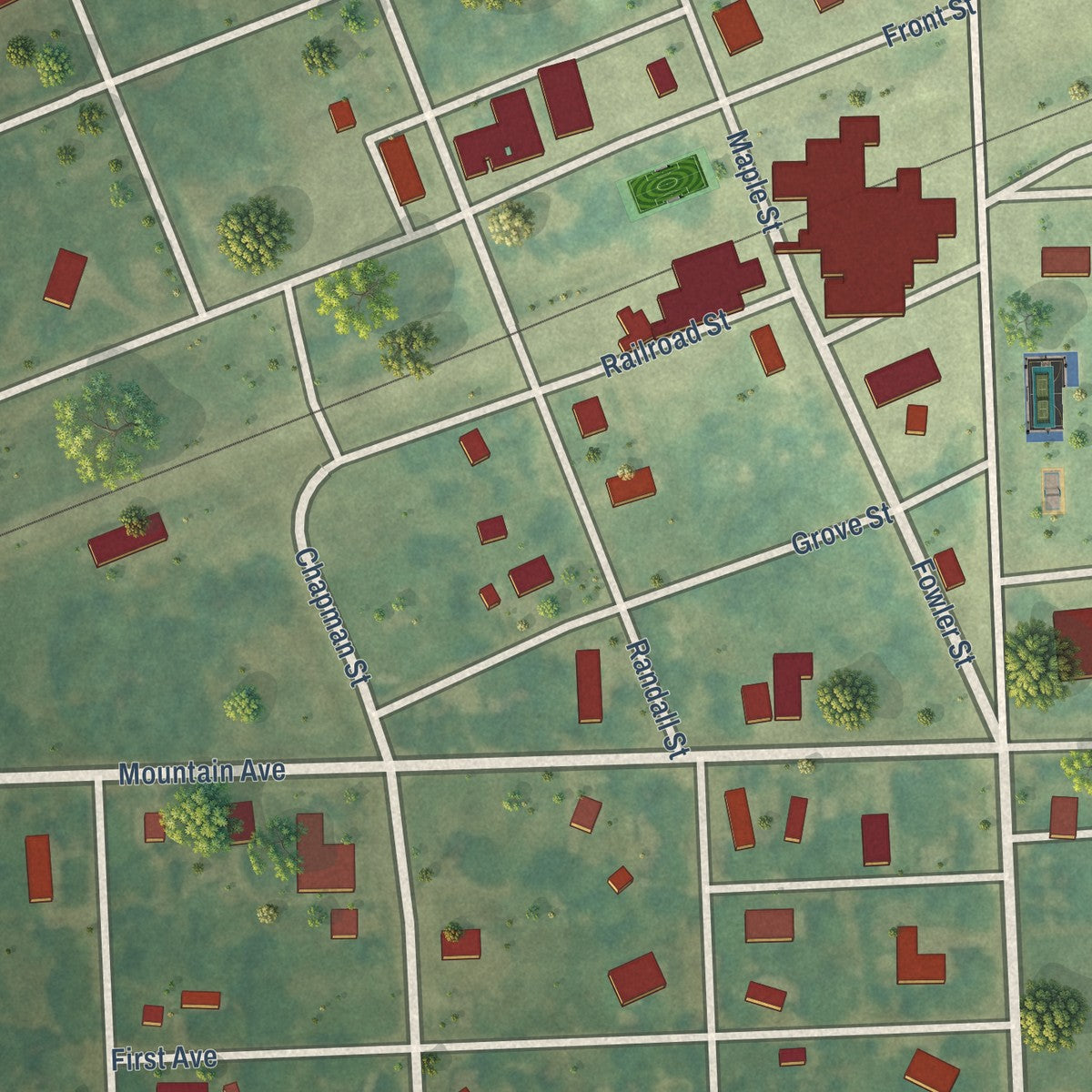 Close-up of the map of Sheldon, North Dakota print showing street and building detail