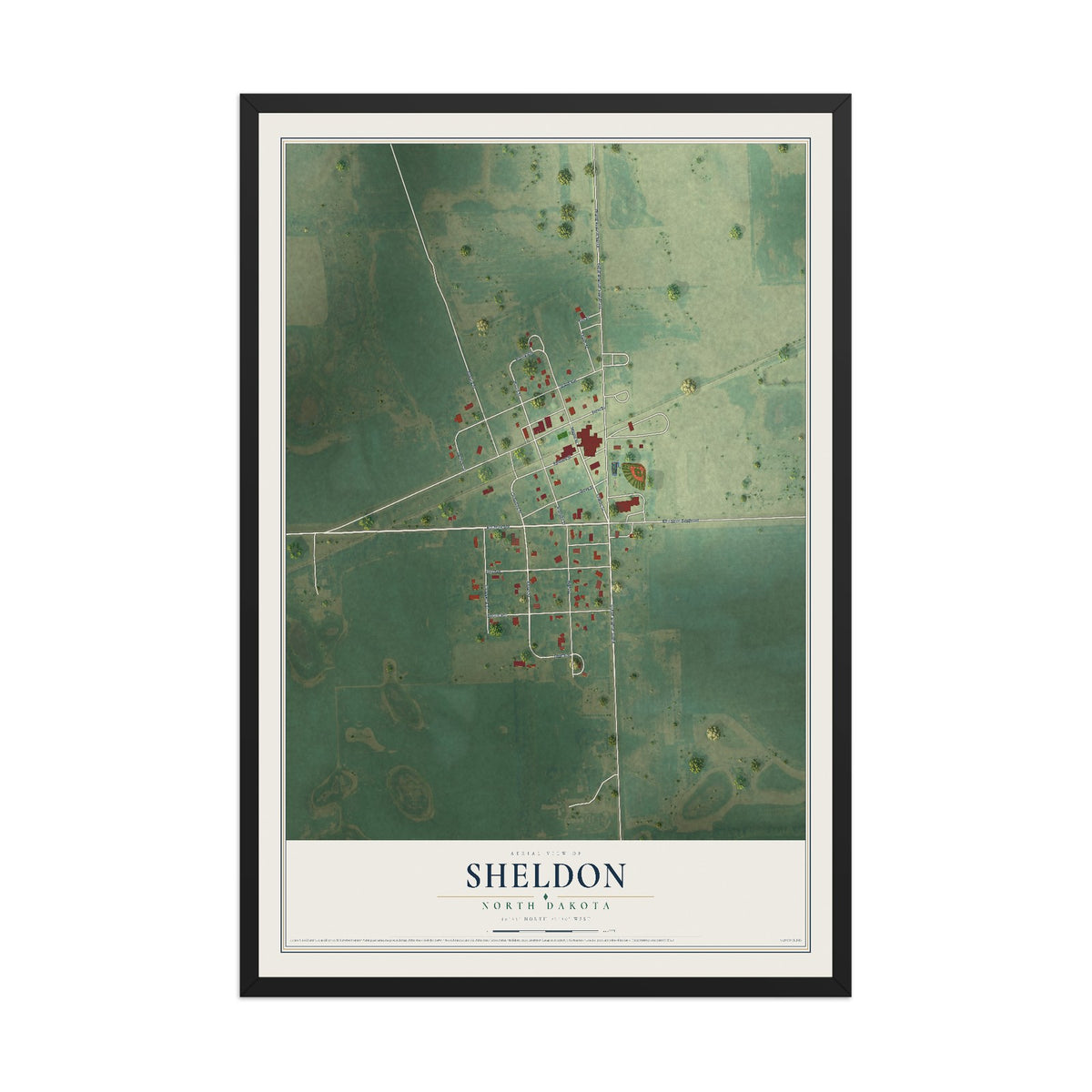 Map of Sheldon, North Dakota, 12 x 18 inch print in a black wood frame