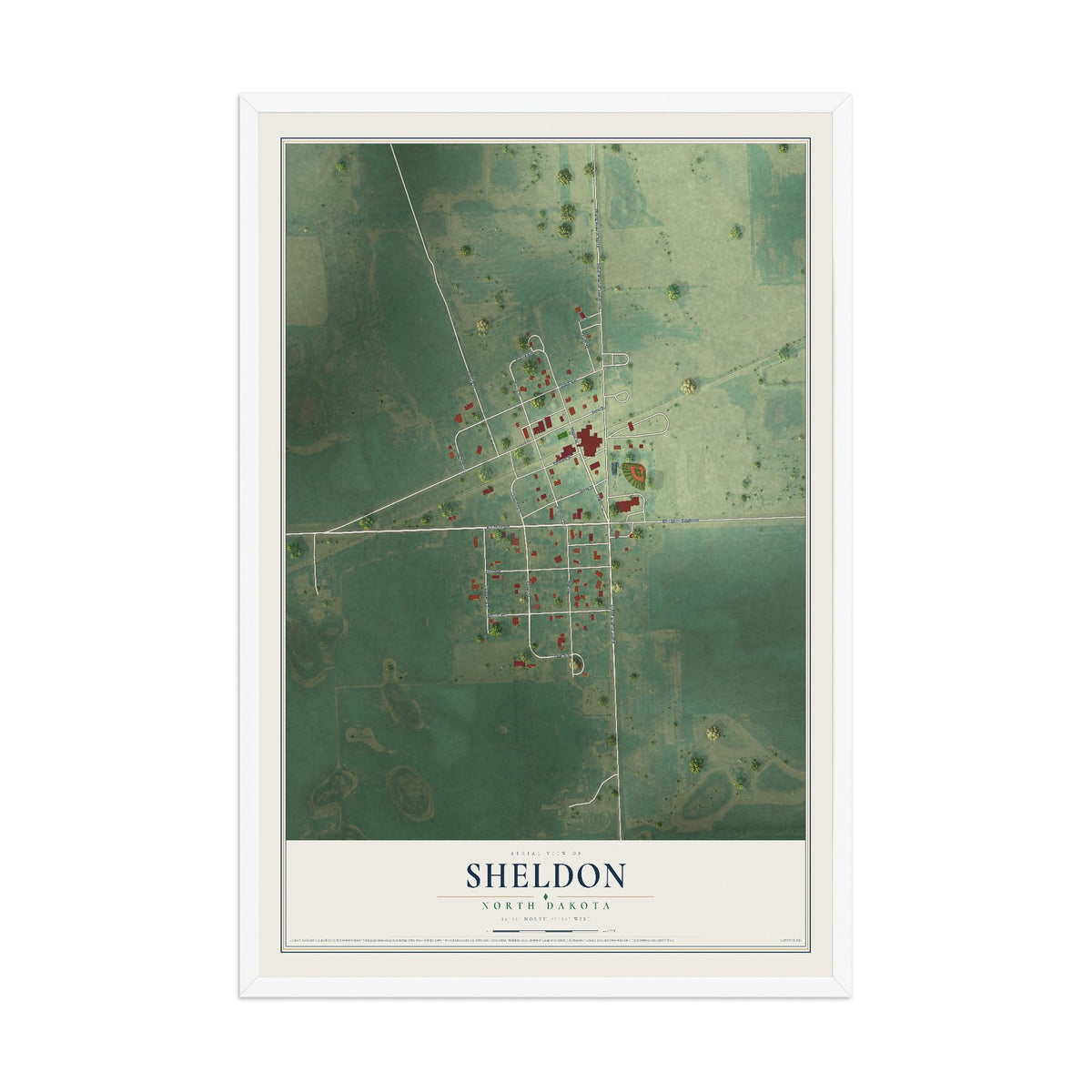 Map of Sheldon, North Dakota, 12 x 18 inch print in a white wood frame