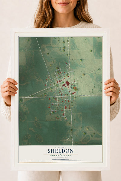 Map of Sheldon, North Dakota, 18 x 24 inch print in a white wood frame