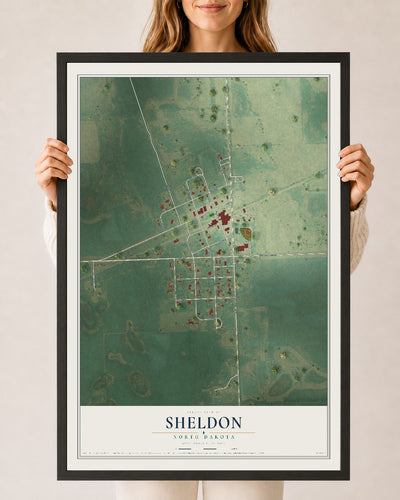 Map of Sheldon, North Dakota, 24 x 36 inch print in a black wood frame