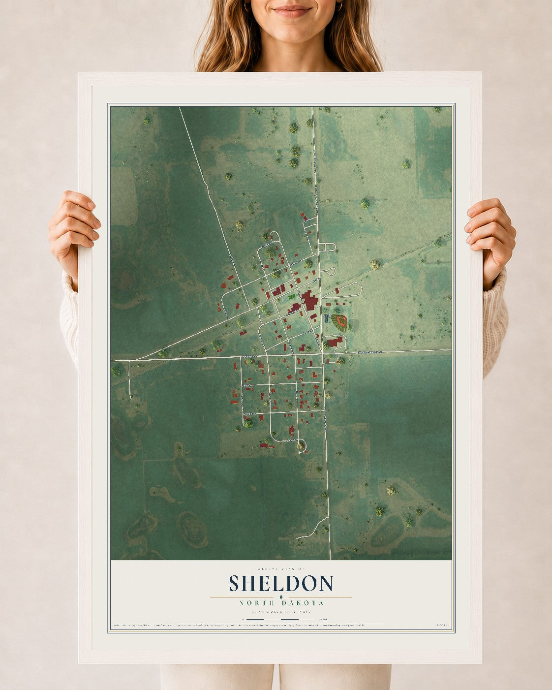 Map of Sheldon, North Dakota, 24 x 36 inch print in a white wood frame