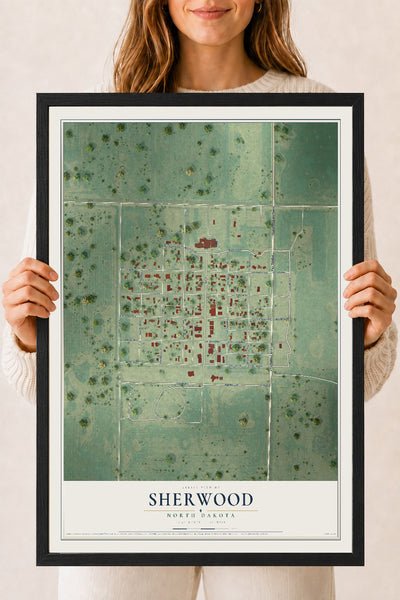 Map of Sherwood, North Dakota, 18 x 24 inch print in a black wood frame