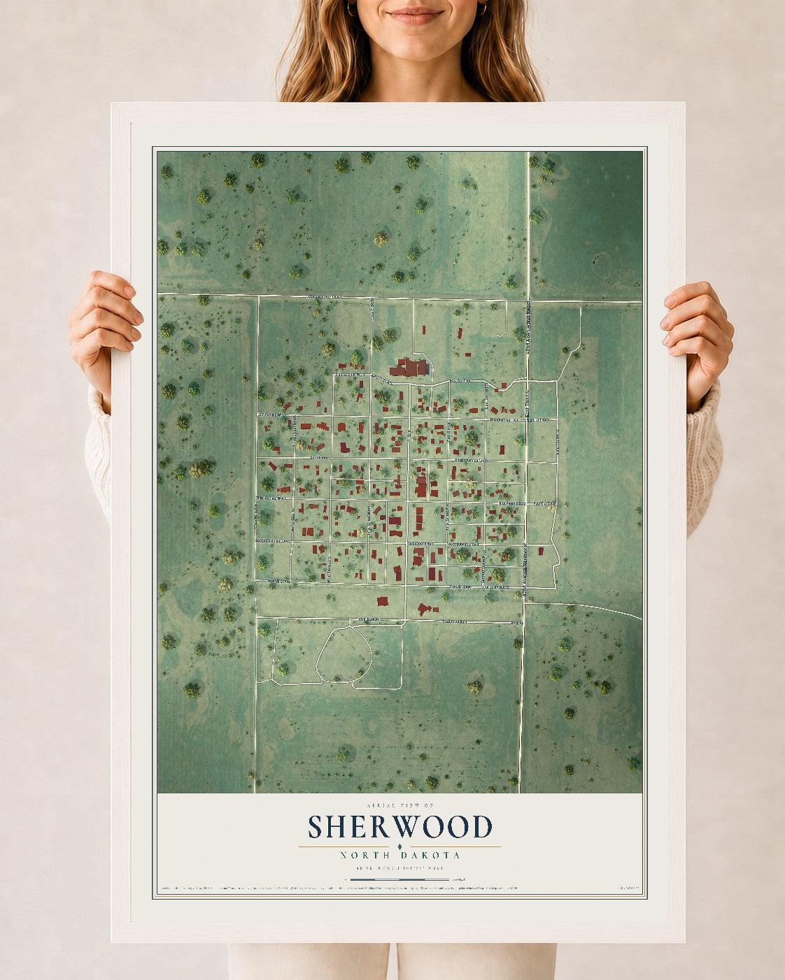 Map of Sherwood, North Dakota, 24 x 36 inch print in a white wood frame